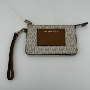 Michael Kors MK Logo Wristlet Pouch Brown Leather Trim 7x4 EUC